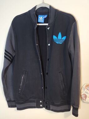 Adidas Men's Black & Gray Bomber Jacket with Blue Trefoil M